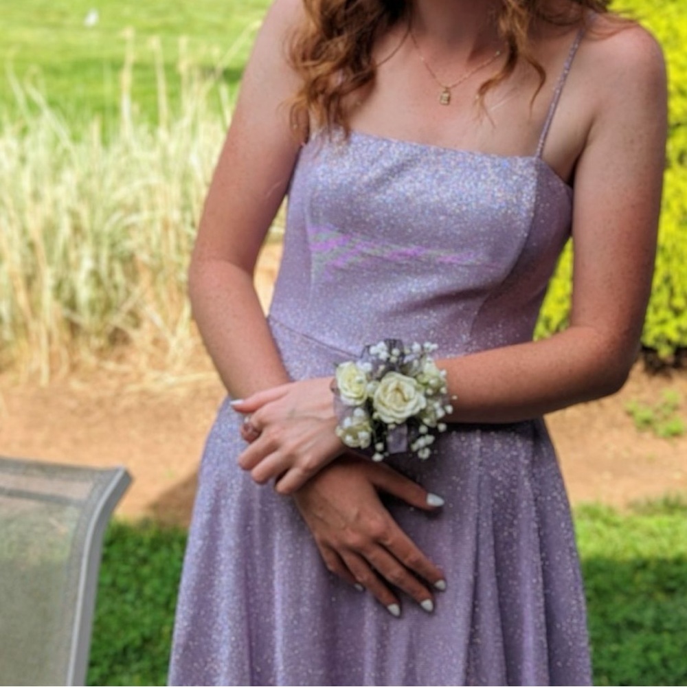 lavender glittery formal sleeveless long dress